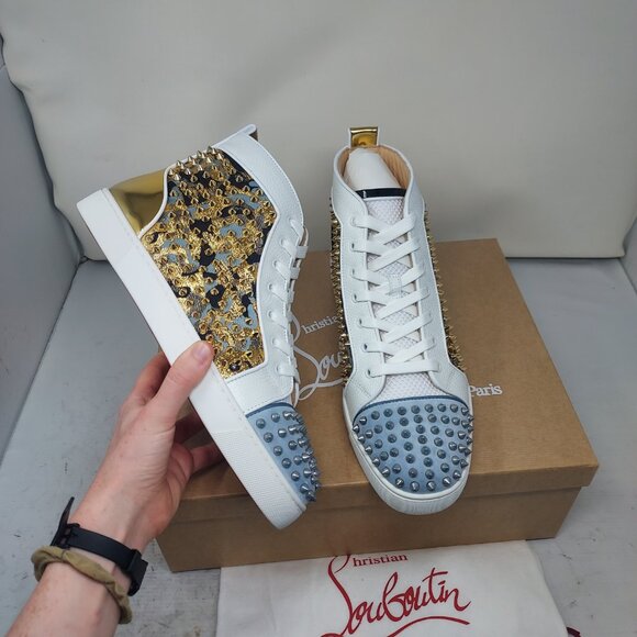 CHRISTIAN LOUBOUTIN White Gold Louis Orlato High Top Stud Sneaker - Picture 1 of 10